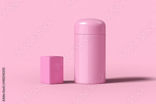 Obraz na płótnie Mockup of pink roller deodorant, pink cosmetics tubes and boxes on a pink background w salonie