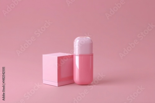 Obraz na płótnie Mockup of pink roller deodorant, pink cosmetics tubes and boxes on a pink background w salonie