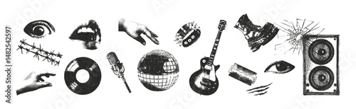  Trendy photocopy monochrome stipple elements set. Speaker, shoe, cracked mirror, eye, guitar, mouth, microphone, vinyl record, disco ball. Grunge punk dots texture for collage design.
