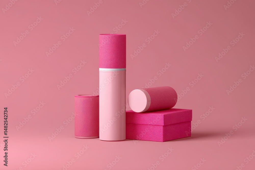 Mockup of pink roller deodorant, pink cosmetics tubes and boxes on a pink background
