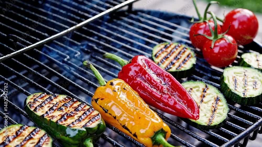 Assorted grilled vegetables including bell peppers, zucchini and tomatoes on barbecue grill, summer vegan cooking with smoke and charred marks loop