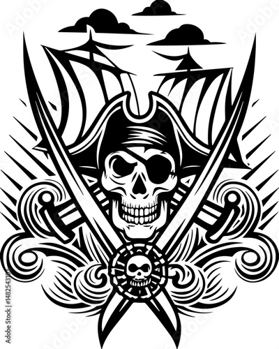 SVG depicting a skull in a dramatic battle pose amidst a stormy sea. Dramatic Pirate Skull and Swords Graphic with Stormy Sea Elements
