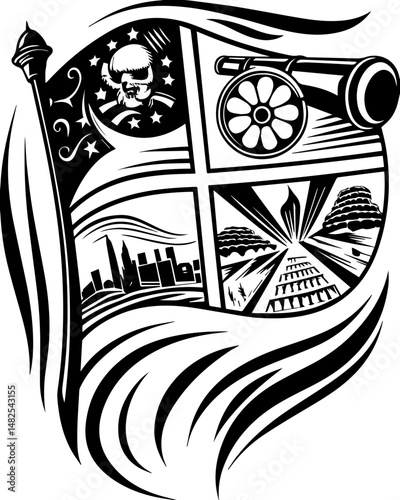 SVG depicting a skull in a dramatic battle pose amidst a stormy sea. Dramatic Stormy Sea Scene with Flag and Cannon Imagery