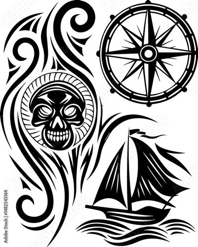 SVG depicting a skull in a dramatic battle pose amidst a stormy sea. Intricate Tattoo Designs Featuring Skull, Compass, and Sailing Ship