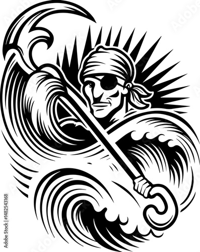 SVG depicting a skull in a dramatic battle pose amidst a stormy sea. Stormy Sea Pose with a Bold Figure Holding a Hook in Waves