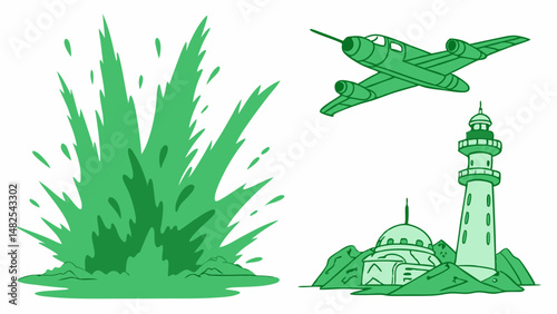 Vector vibrant green explosion, aircraft flying above, and lighthouse with mosque in mountainous landscape create dynamic scene