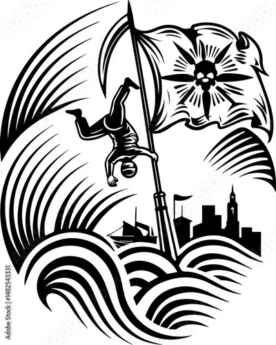 SVG depicting a skull in a dramatic battle pose amidst a stormy sea. Dramatic Pose Amidst Stormy Sea with Flag and City Skyline