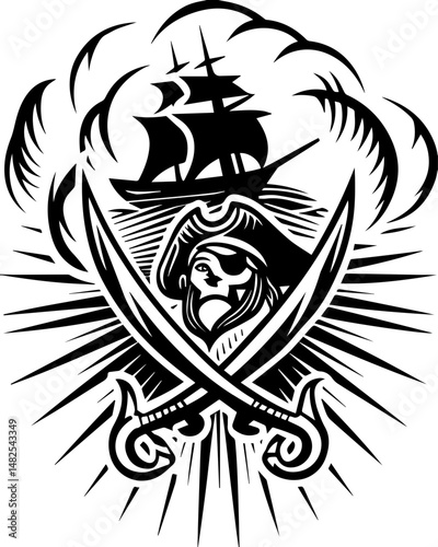 SVG depicting a skull in a dramatic battle pose amidst a stormy sea. Pirate Facing Stormy Sea with Ship and Swords Iconic Illustration