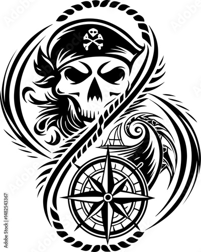 SVG depicting a skull in a dramatic battle pose amidst a stormy sea. Skull and Pirate Theme Design with Stormy Sea Elements