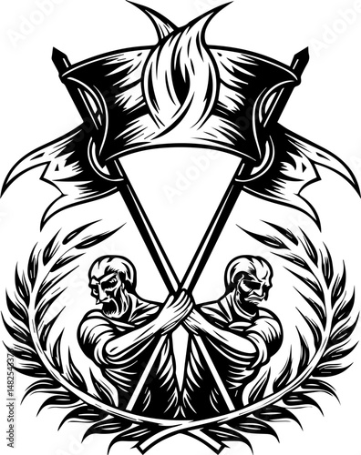 SVG depicting a skull in a dramatic battle pose amidst a stormy sea. Dramatic Black and White Artwork of Warriors Holding Banners