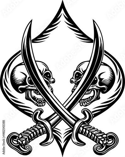 SVG depicting a skull in a dramatic battle pose amidst a stormy sea. Two Skull Designs with Swords in Intricate Black and White Style