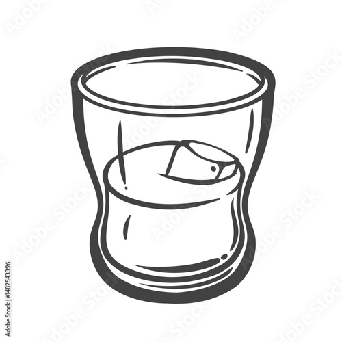 Rounded whiskey glass with single ice cube, drawn in black outline style. Elegant drinkware for liquor, cocktails, or bar menu design. Vector illustration.