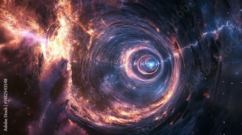 A photorealistic deep-space wormhole glowing with bright cosmic energy 