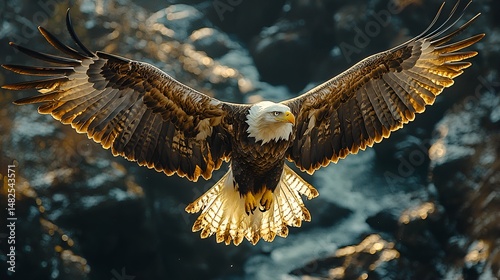Majestic bald eagle in flight, wings spread wide, backlit by golden sunlight.