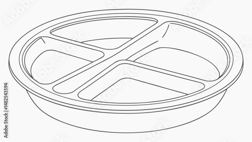 Vector round plastic tableware item with three divided compartments, perfect for serving various foods. Its simple design enhances