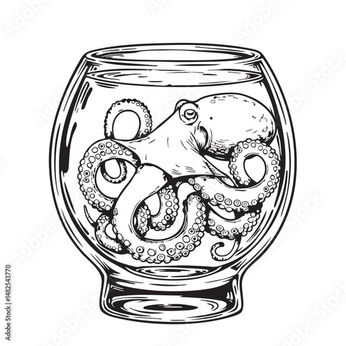 Octopus trapped in a bottle or glass