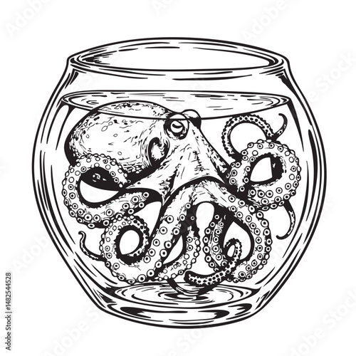 Octopus trapped in a bottle or glass