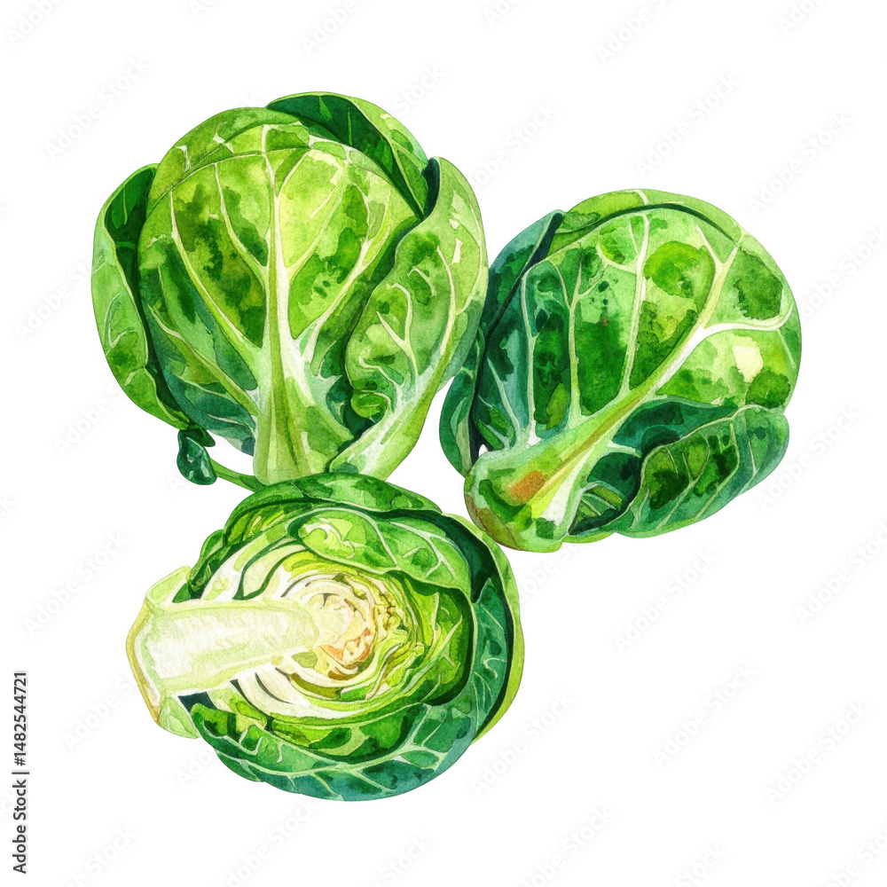 Fototapeta premium Fresh green brussels sprouts watercolor painting isolated transparent background healthy food ingredient