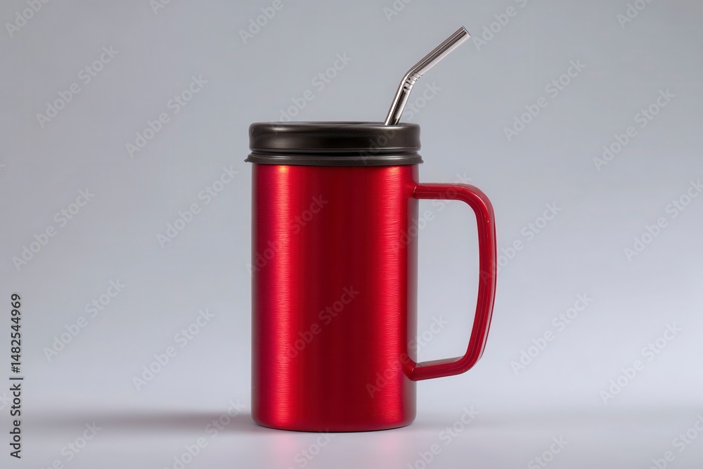 3d photo metal leakproof mug with handle and straw, used as a thermos for hot and cold drinks