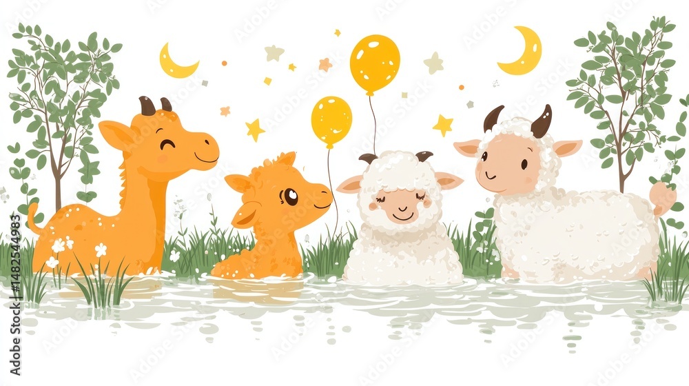 Obraz premium Adorable Animals in a Nighttime Pond: Giraffes, Sheep, and Balloons