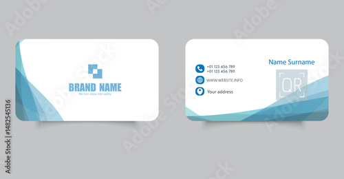 A clean and professional business card design featuring abstract blue waves, rounded corners, QR code space, and modern icons. Ideal for corporate identity, creative agencies, or freelance professiona