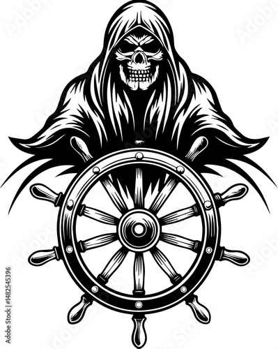 SVG vector of a pirate skull at the ship's wheel. Cursed Crew of the Undead with Ghostly Ship's Wheel Emblem