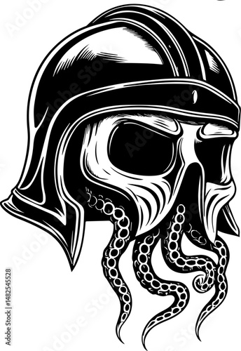 SVG vector of a pirate skull at the ship's wheel. Cursed Undead Crew Awaits Around Ship's Wheel in Dreadful Encounter