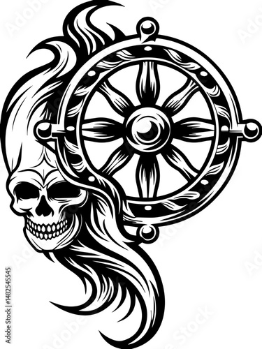 SVG vector of a pirate skull at the ship's wheel. Skull Design with Ship's Wheel and Dark Elements for Nautical Theme