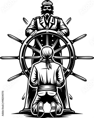 SVG vector of a pirate skull at the ship's wheel. Cursed Encounter with Undead Crew at Ship's Wheel in Dark Waters