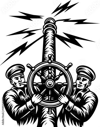 SVG vector of a pirate skull at the ship's wheel. Undead Crew Maneuvers Ship's Wheel Under Dark Stormy Skies