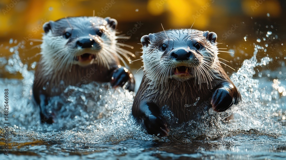 Two playful otters splashing through water during a sunny day Two playful otters splashing through water during a sunny day