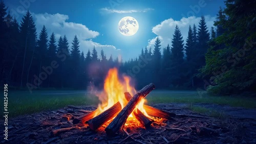 Campfire Burning in Forest Under Full Moonlight