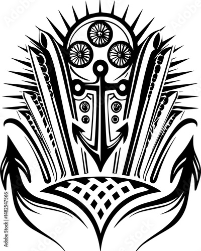 SVG vector of a Reaper Pirate skull adorned with bones. Pirate Lord Throne of Gold and Bones Symbol in Black and White Design