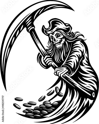 SVG vector of a Reaper Pirate skull adorned with bones. Pirate Lord Sitting on Throne of Gold and Bones with Scythe