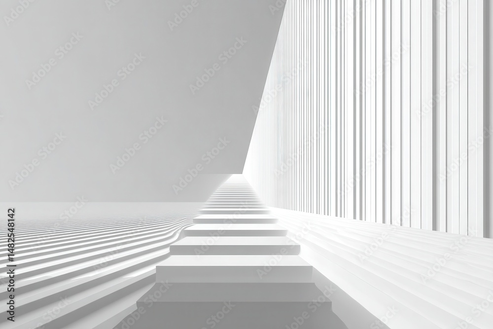 Abstract white grey background with geometric channel of stripes with perspective as scene or street