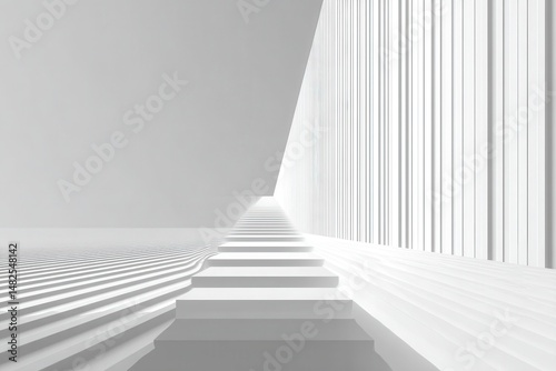 Obraz na płótnie Abstract white grey background with geometric channel of stripes with perspective as scene or street w salonie