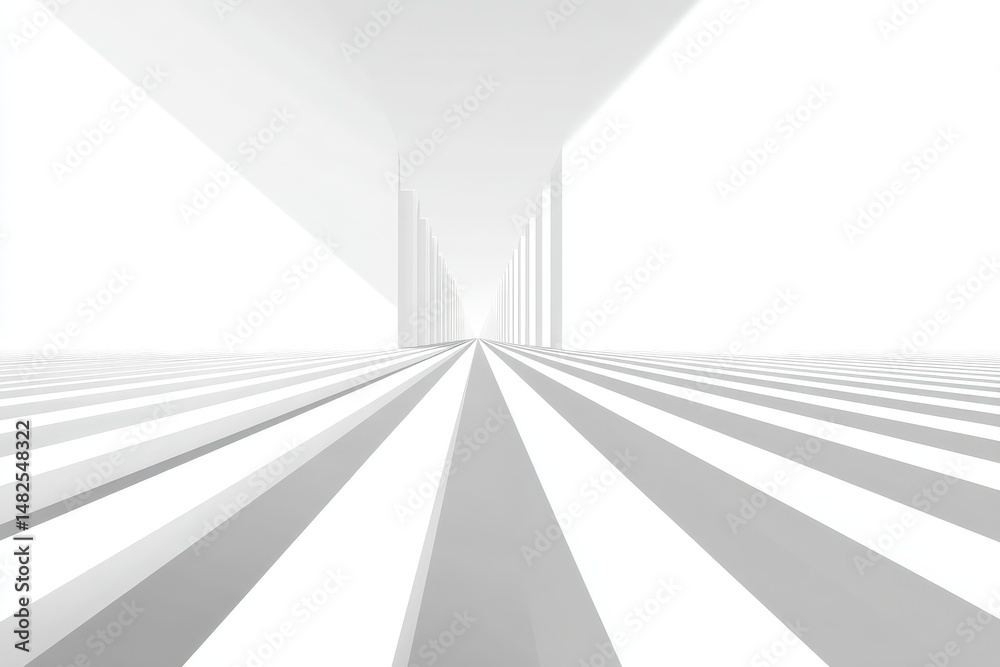 Abstract white grey background with geometric channel of stripes with perspective as scene or street