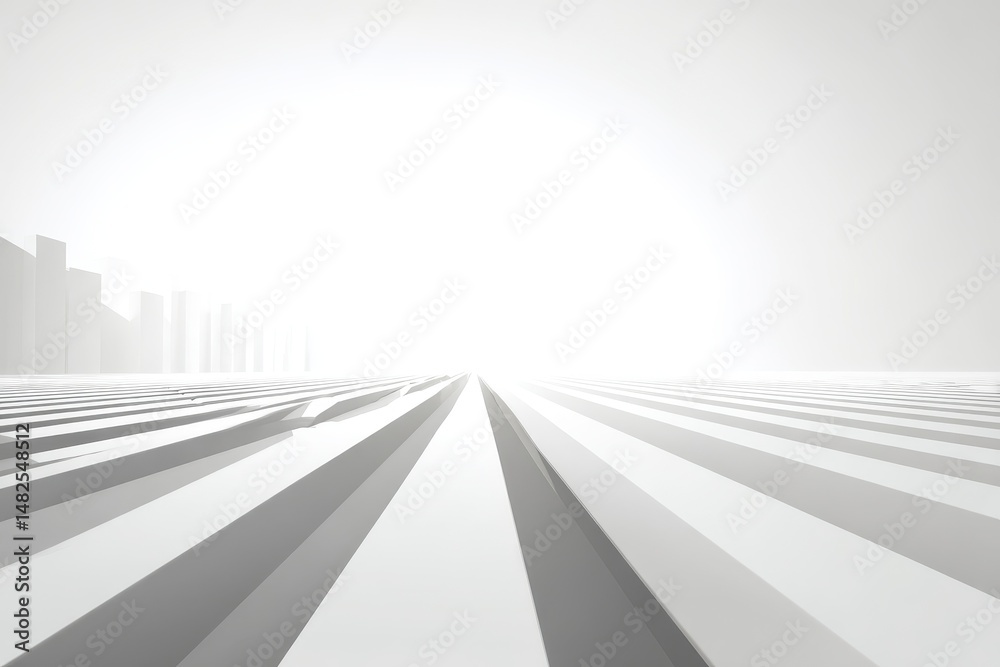 Abstract white grey background with geometric channel of stripes with perspective as scene or street