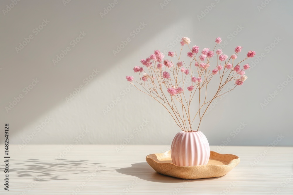 Modern simple art pink home decor with white dried flowers, bamboo dish on soft light white wood table