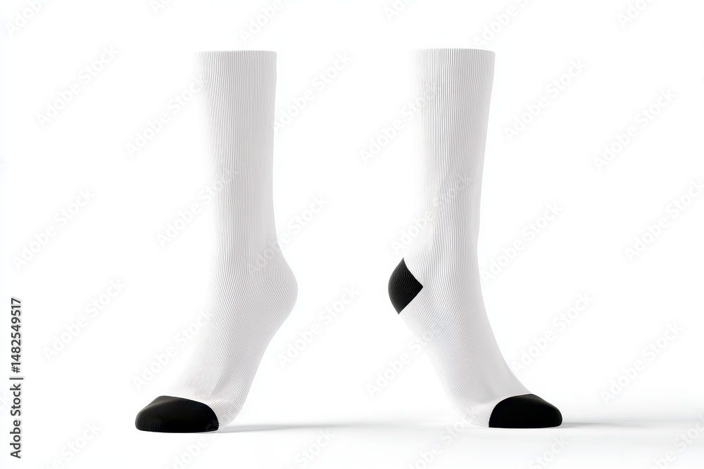 Blank white cotton long sock with black heel on invisible foot isolated on white background as mock up for advertising, branding, design, back and side view, template
