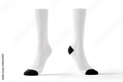 Obraz na płótnie Blank white cotton long sock with black heel on invisible foot isolated on white background as mock up for advertising, branding, design, back and side view, template w salonie