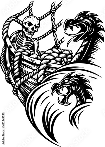 SVG vector of a skull and skeleton pirate aboard a ghost ship. Ghost Pirate Skeleton Riding a Ship with Mythical Creatures Design