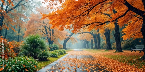 Falling Rain, Orange Leaves, Tranquil Park Pathway Animation