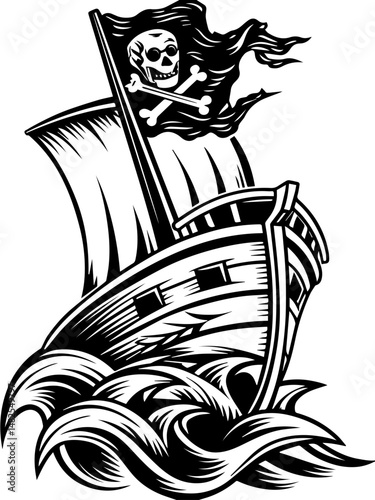 SVG vector of a skull and skeleton pirate aboard a ghost ship. Vintage Pirate Ship with Skull Flag against Ocean Waves Design