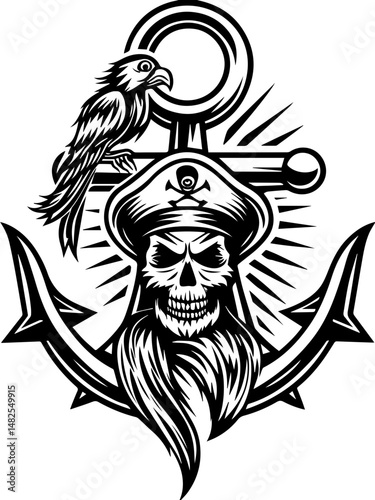 SVG vector of a skull and skeleton pirate aboard a ghost ship. Skull and Anchor Design with Pirate, Parrot, and Sea Elements