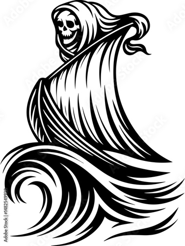 SVG vector of a skull and skeleton pirate aboard a ghost ship. Ghostly Pirate Riding Waves on a Ship with Flowing Fabric Design
