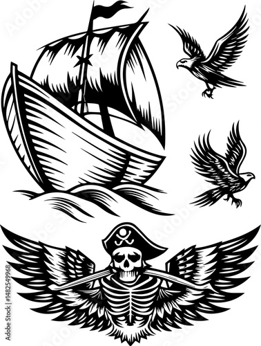 SVG vector of a skull and skeleton pirate aboard a ghost ship. Vintage Pirate Ship with Ghostly Skeleton and Flying Eagles Design
