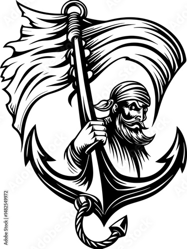 SVG vector of a skull and skeleton pirate aboard a ghost ship. Bold Pirate with Sword and Flag Displaying Maritime Adventure Spirit