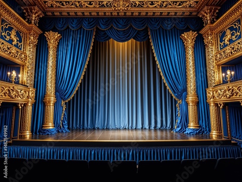 Ornate Theater Stage with Luxurious Blue Curtains