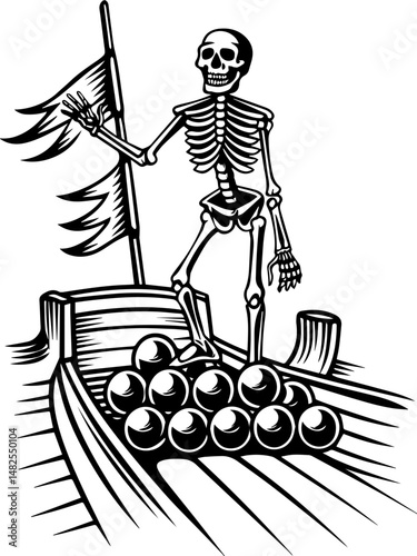 SVG vector of a skull and skeleton pirate aboard a ghost ship. Skeleton Pirate Riding Ghost Ship with Cannonballs Illustration